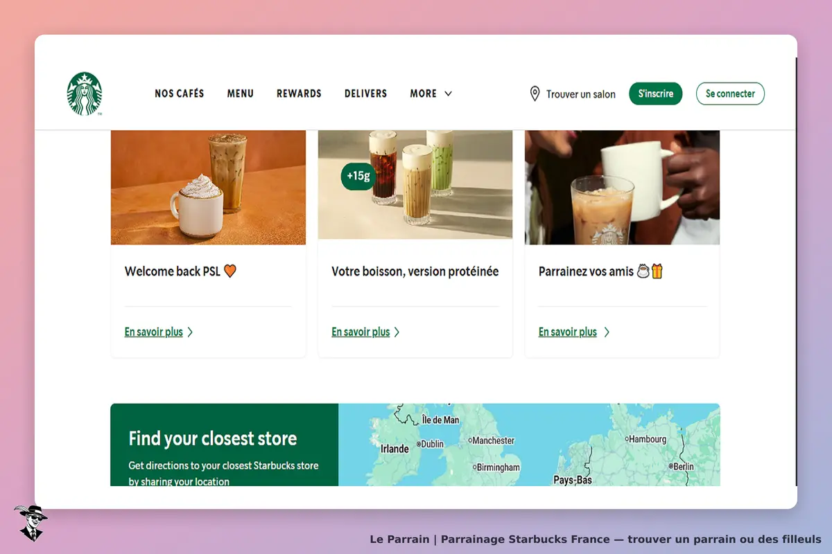 Starbucks France : starbucks : page d'accueil avec boissons et options de parrainage, carte des