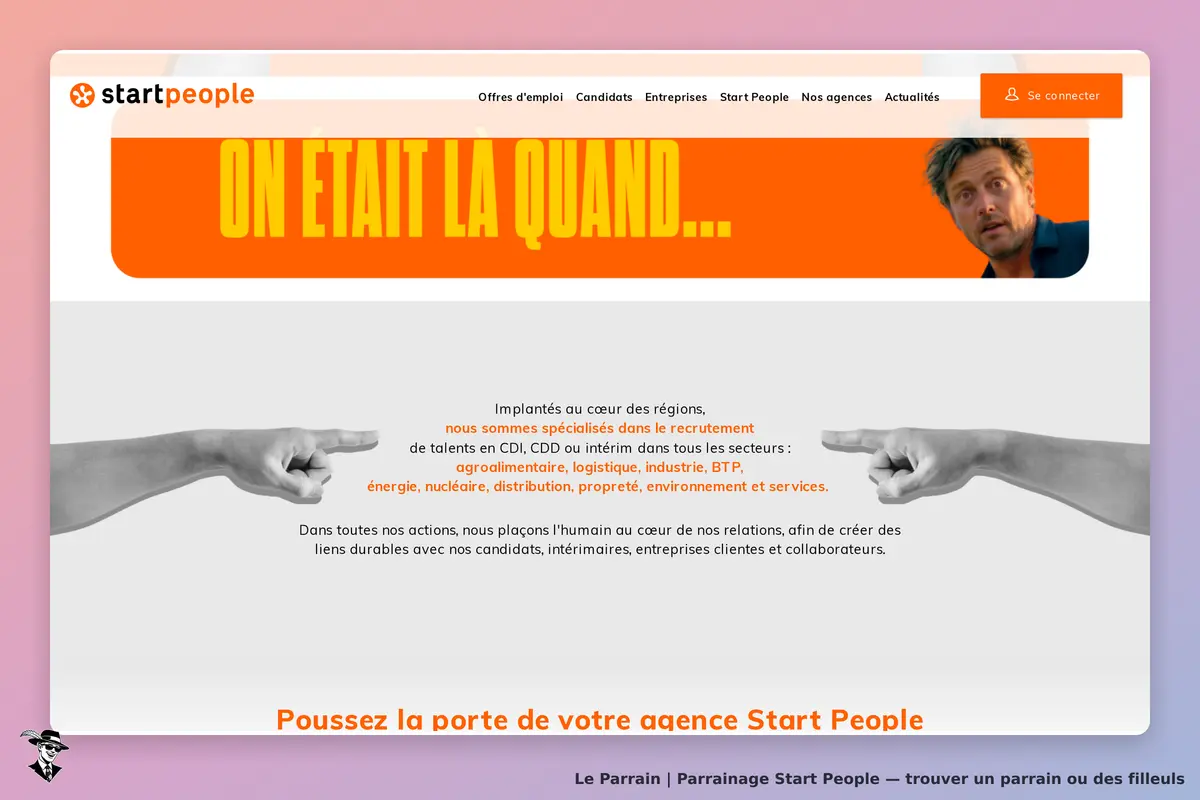 Start People : page d'accueil avec slogan, texte sur le recrutement et images de mains