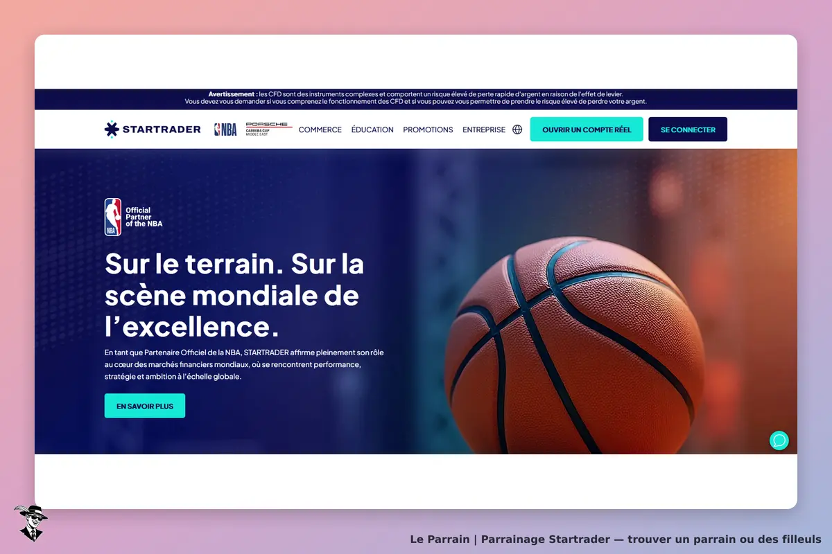 Startrader : page d'accueil avec un ballon de basket et un message sur l'excellence