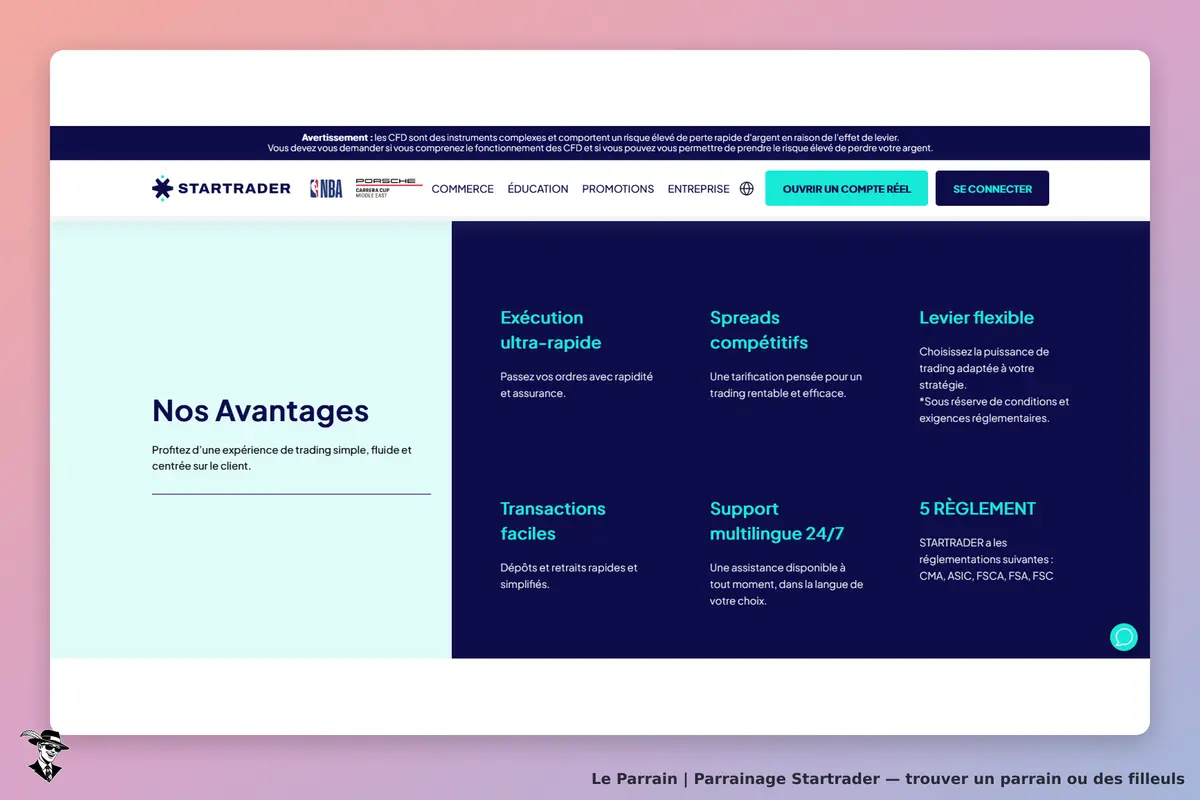 Startrader : page d'accueil présentant les avantages du trading et des services offerts