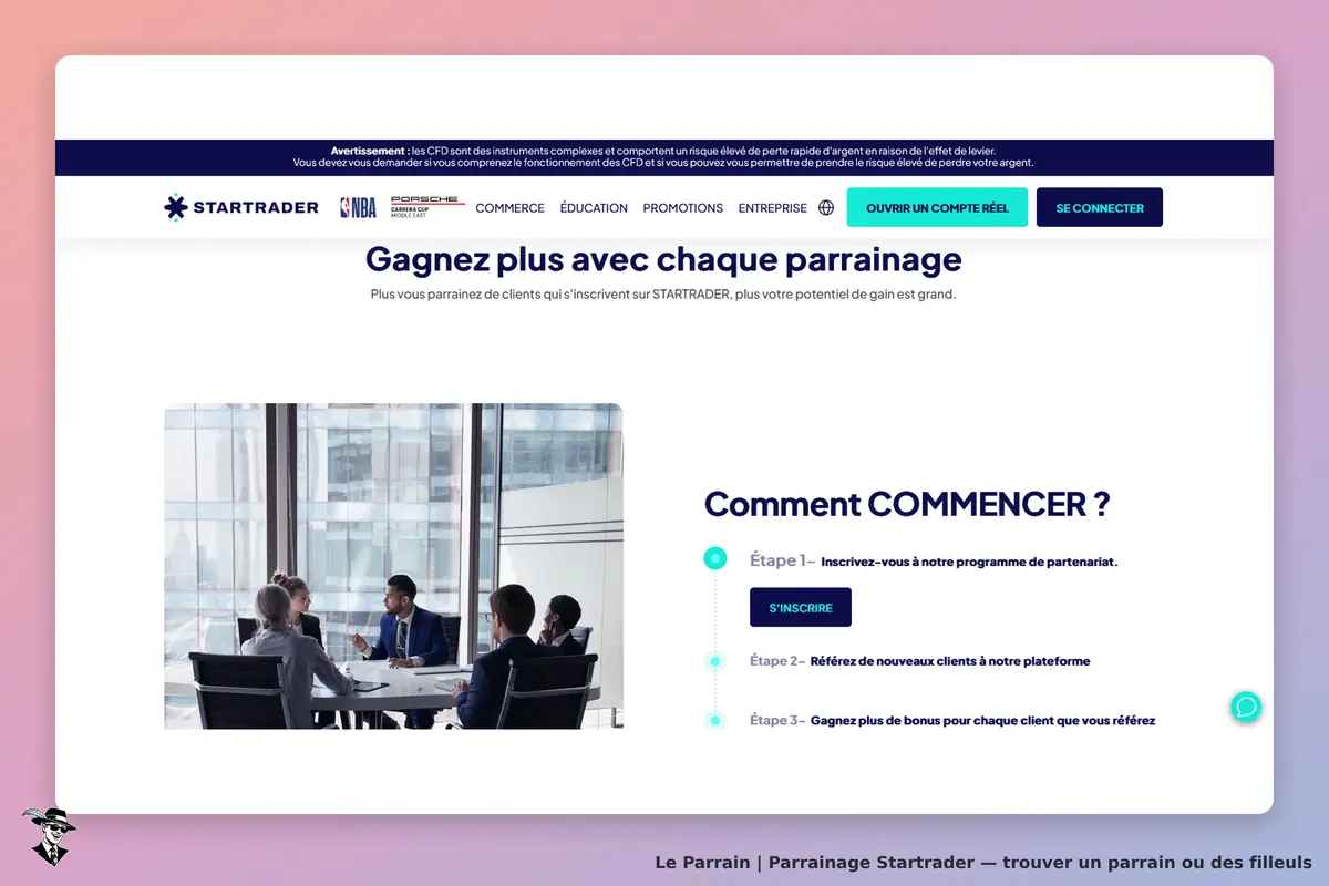 Startrader : page d'accueil avec étapes pour s'inscrire au programme de parrainage