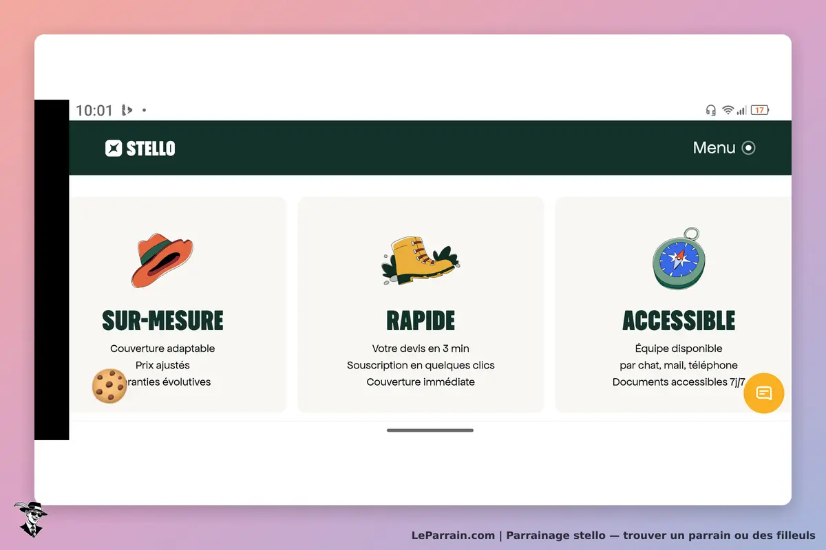 Stello : page d'accueil avec trois sections sur mesure, rapide et accessible. Illustrations