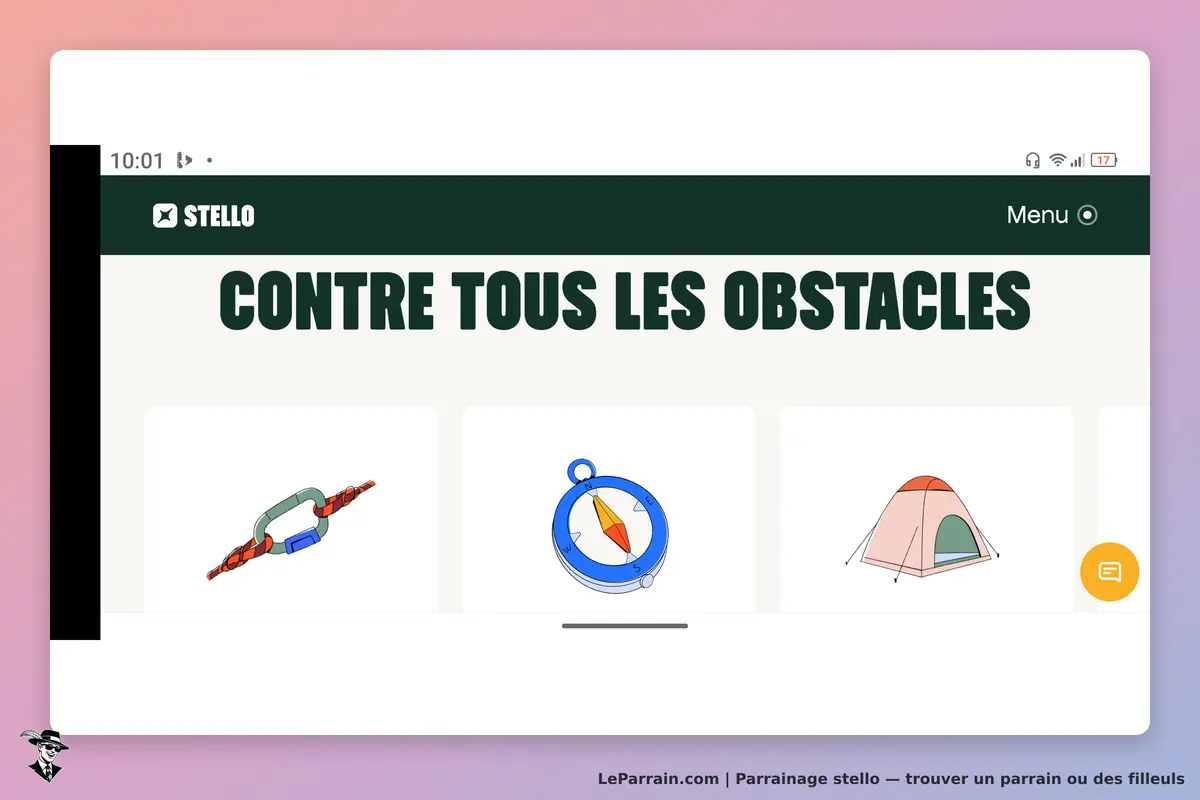 stello : page d'accueil avec des illustrations d'équipement d'aventure et un slogan en gros