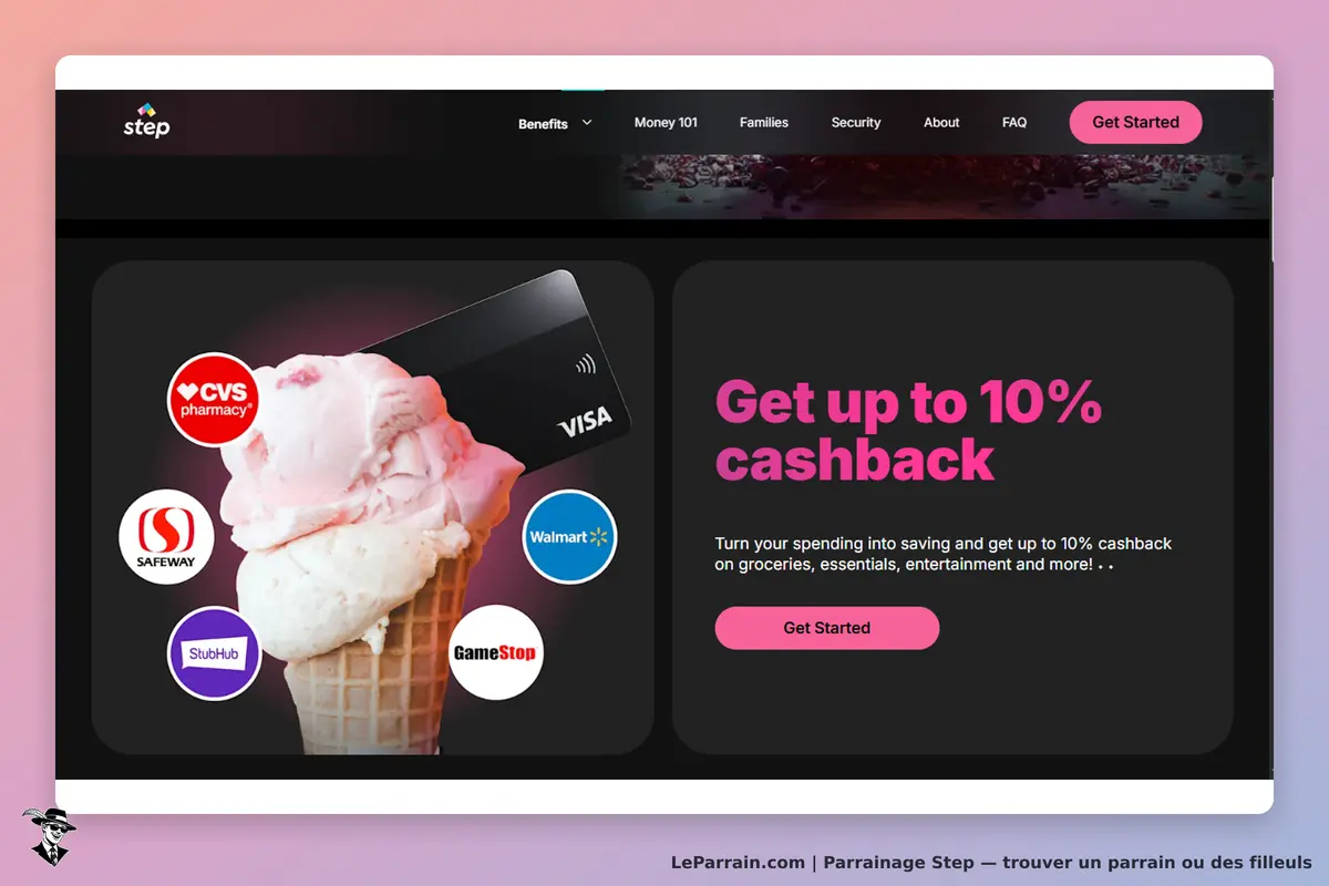 Step : carte Visa sur fond de glace avec logos de magasins et bouton "Get Started"