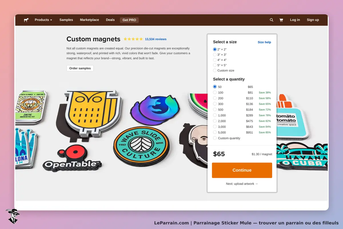 Sticker Mule : affichage de magnets personnalisés avec options de taille et quantité à sélectionner