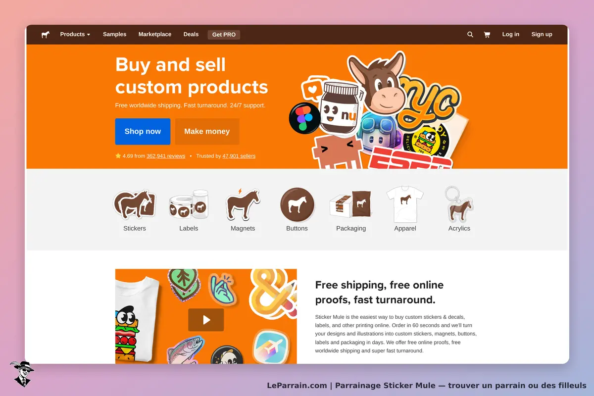 Sticker Mule : page d'accueil avec produits personnalisés et options de navigation en haut