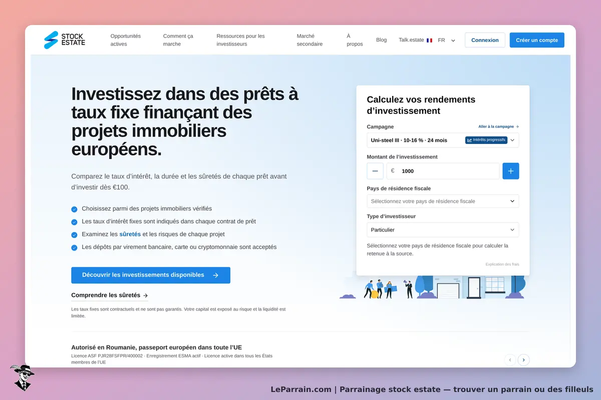 Stock Estate : page d'accueil présentant des prêts immobiliers et un formulaire de calcul