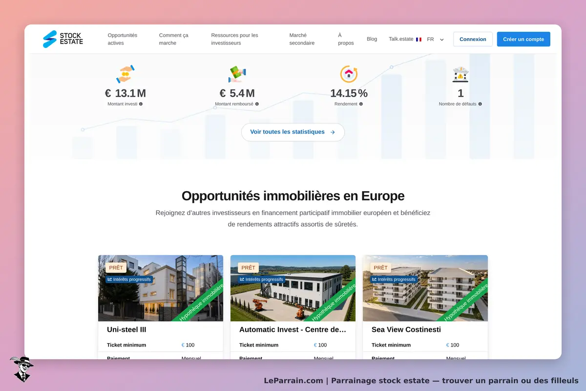 Stock Estate : page d'accueil avec offres immobilières et statistiques d'investissement