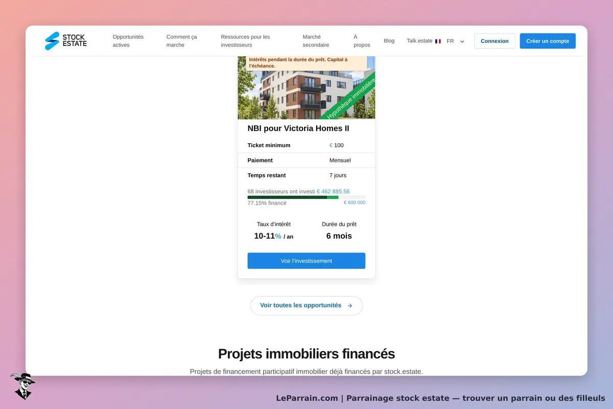 Stock Estate : page d'accueil avec un projet immobilier et des informations d'investissement