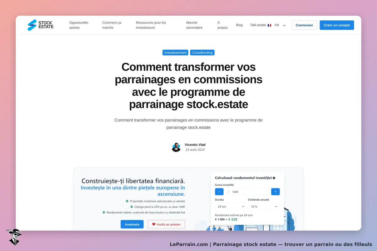 Stock Estate : page d'accueil présentant le programme de parrainage et un calculateur