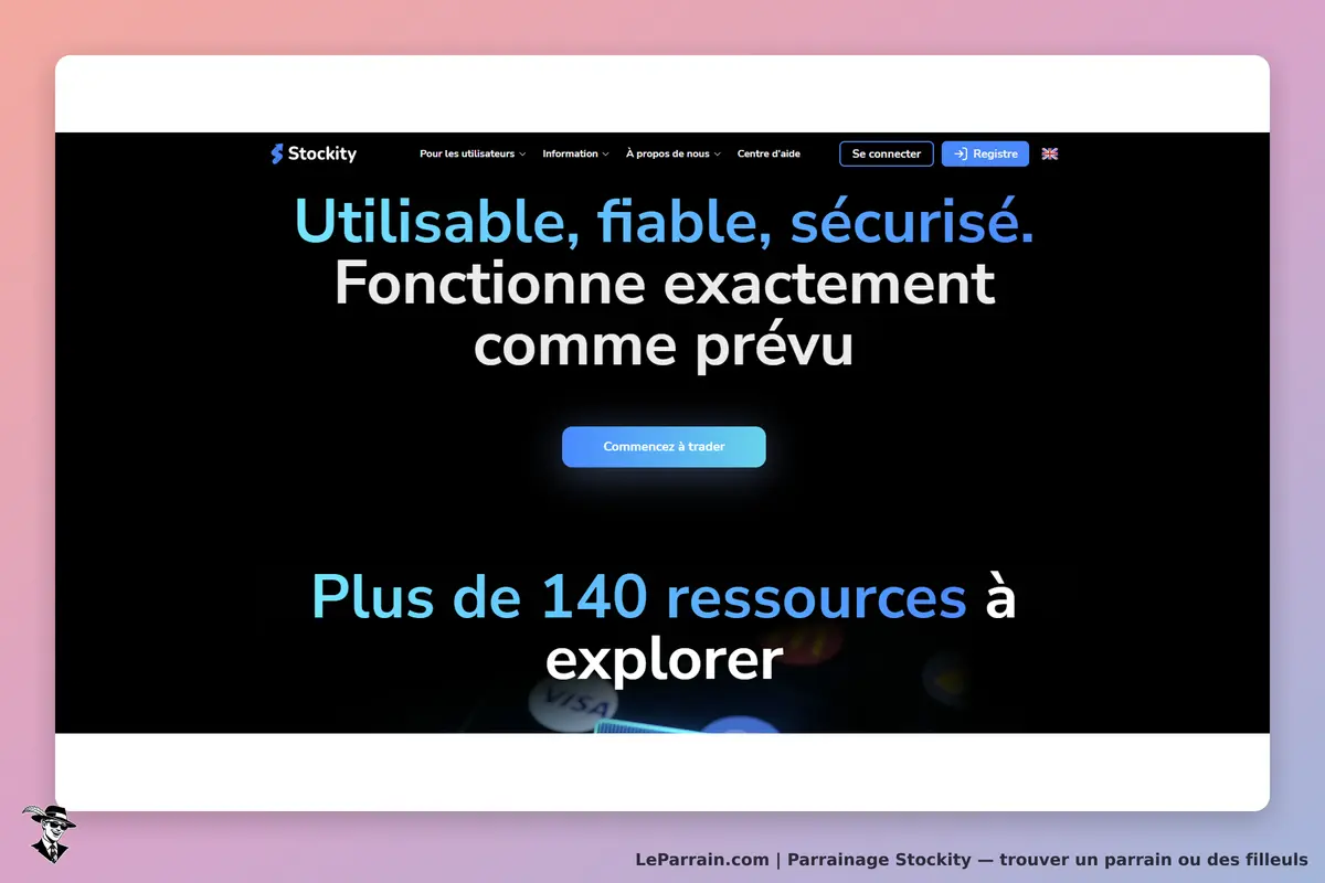 Stockity : page d'accueil avec slogan et bouton pour commencer à trader, fond sombre