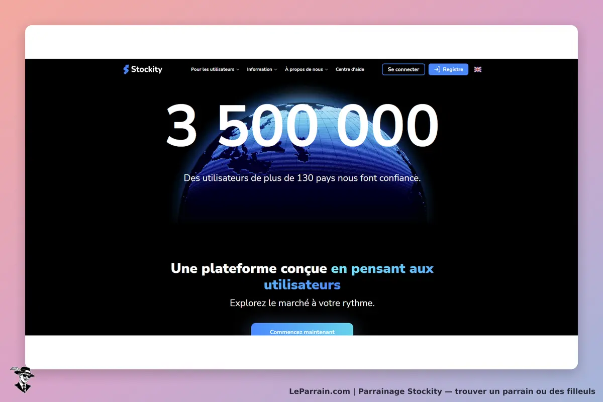 Stockity : page d'accueil avec un globe terrestre et un message sur le nombre d'utilisateurs