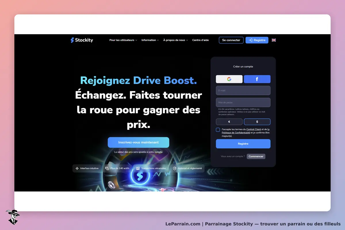 Stockity : page d'accueil avec formulaire d'inscription et slogan sur l'échange et les prix