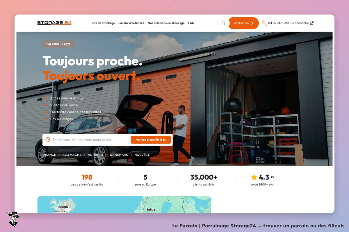 Storage24 : page d'accueil avec garage, véhicule et équipements de stockage visibles