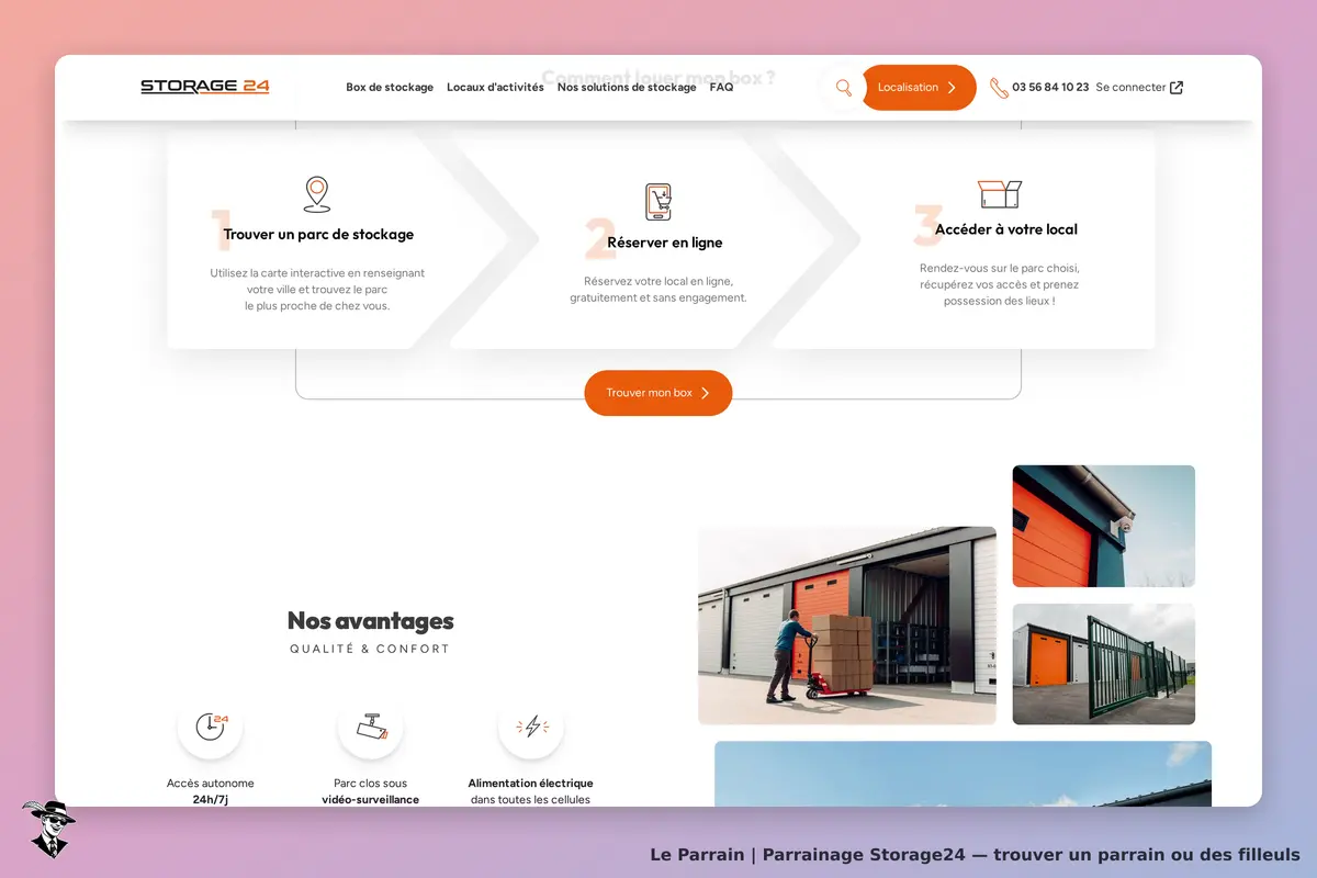 Storage24 : page d'accueil présentant les étapes de réservation et des images de box de stockage