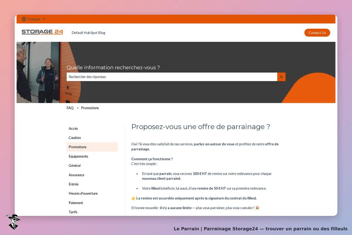 Storage24 : page d'accueil avec formulaire de recherche et section sur le parrainage