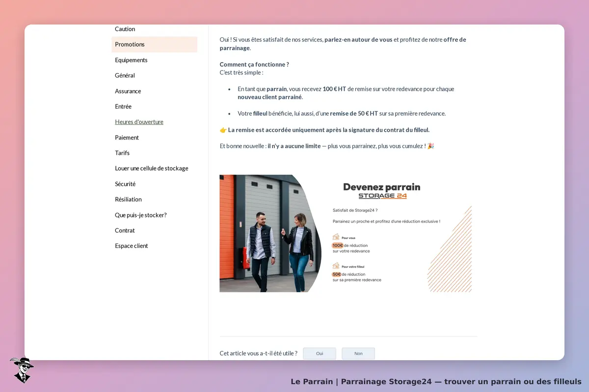 Storage24 : page d'accueil avec explication sur le parrainage et image de deux personnes