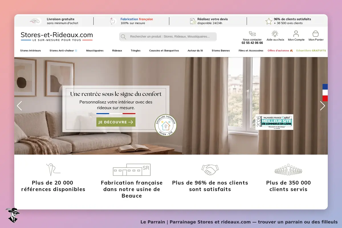 Stores et rideaux.com : page d'accueil avec des rideaux, un canapé et des informations sur les