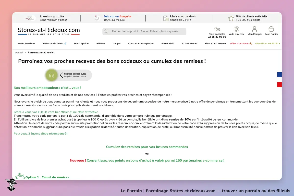 Stores et rideaux.com : stores et Rideaux : page d'accueil présentant une offre de parrainage et