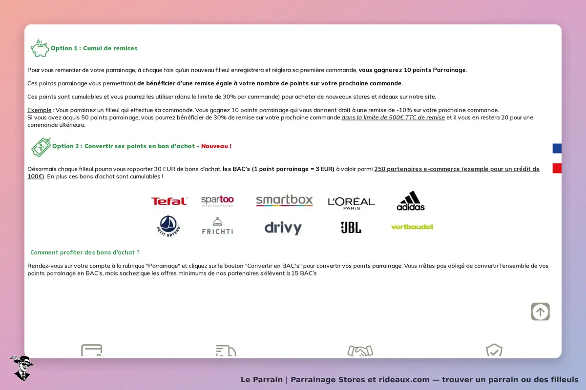 Stores et rideaux.com : options de parrainage avec logos de partenaires et explications des remises