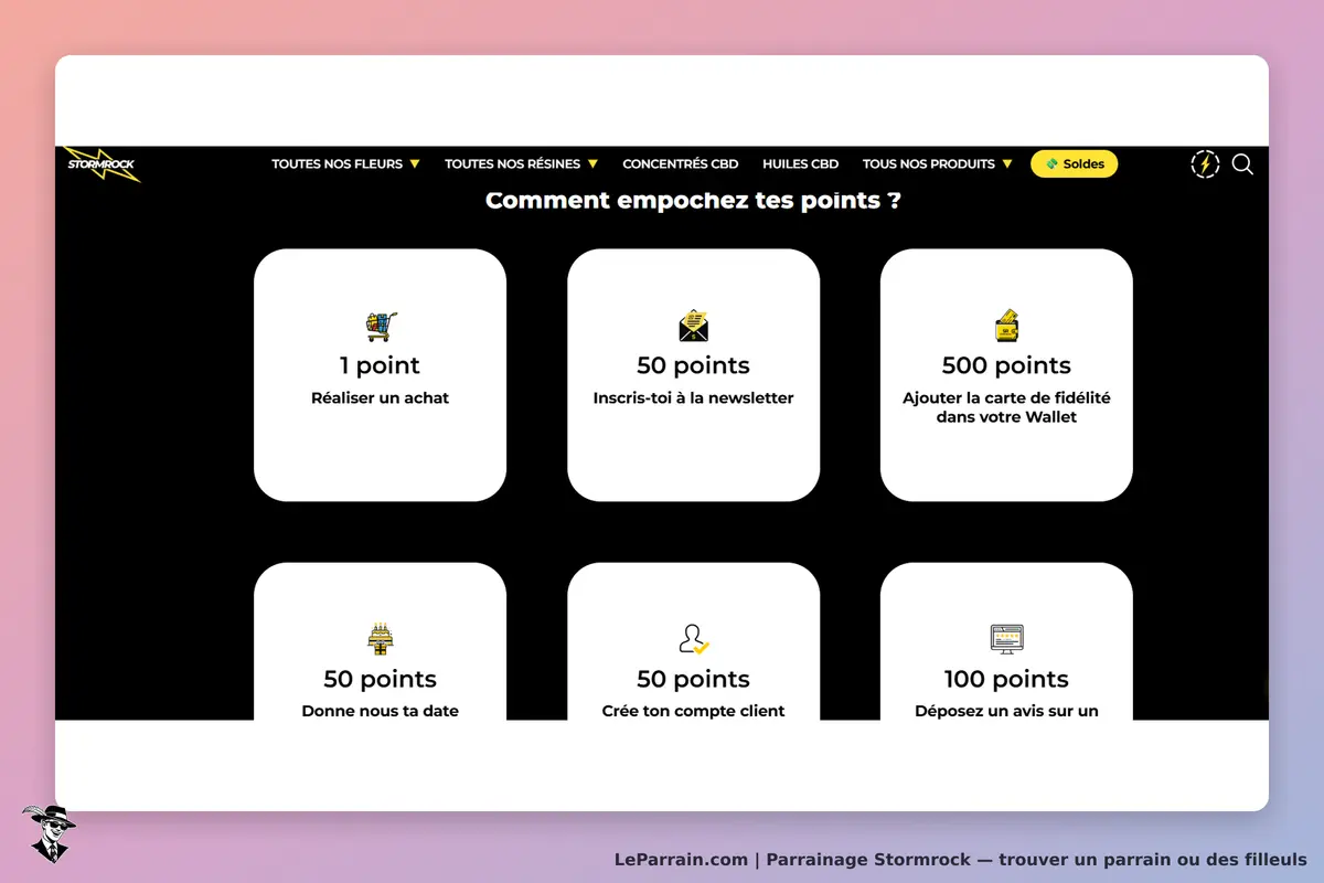 Stormrock : présentation des points à gagner avec différentes actions sur le site