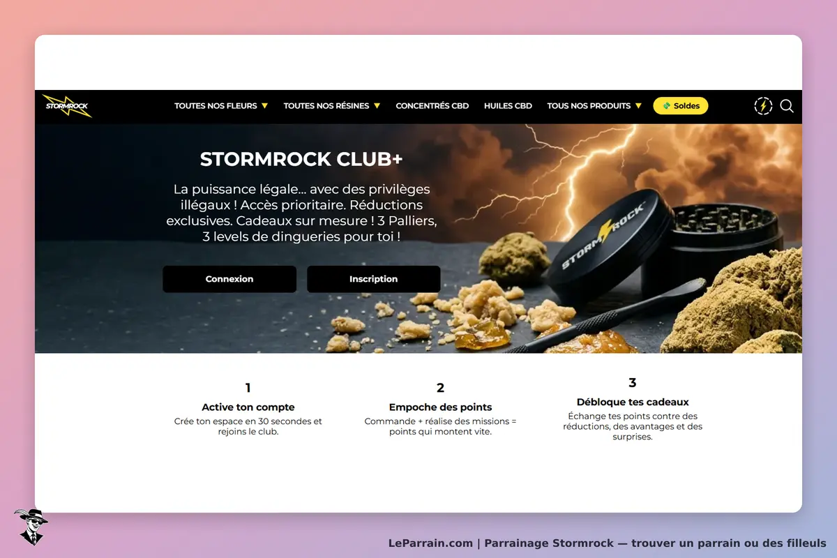 Stormrock : page d'accueil avec présentation du club et produits en arrière-plan
