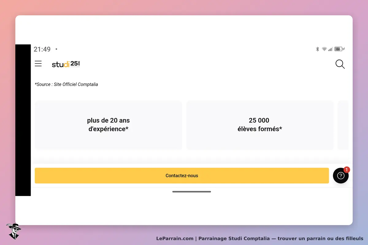 Studi Comptalia : page d'accueil avec des chiffres clés et un bouton de contact