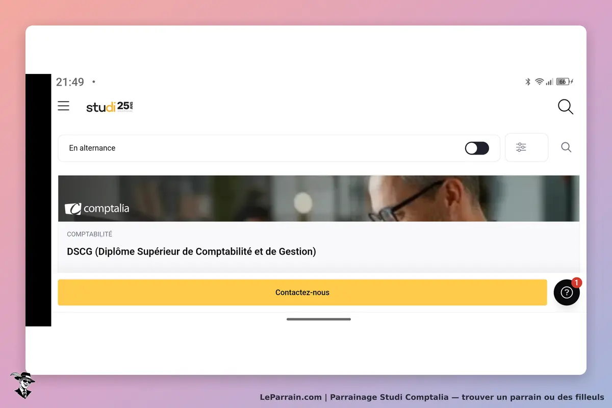 Studi Comptalia : page d'accueil présentant le DSCG et un bouton "Contactez-nous"