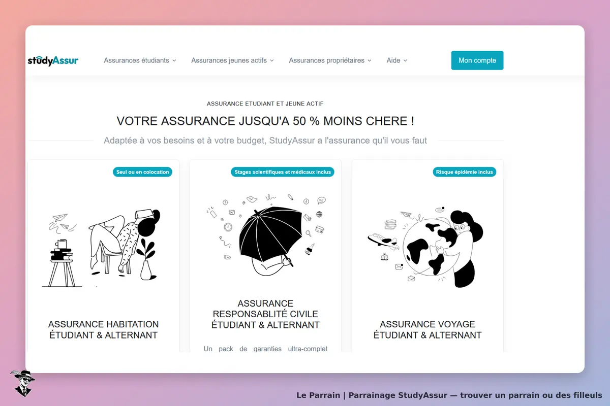 StudyAssur : page d'accueil présentant plusieurs types d'assurances pour étudiants et alternants