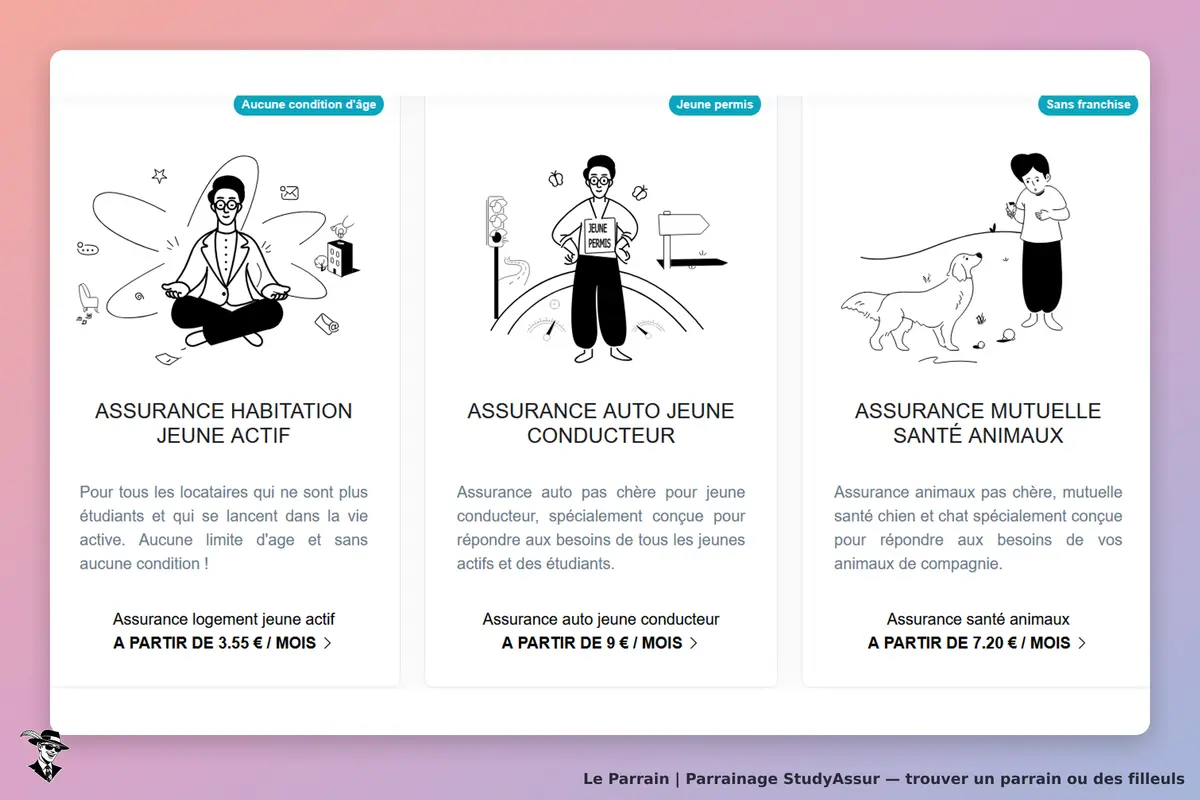 StudyAssur : trois offres d'assurance avec illustrations et descriptions sur la page d'accueil