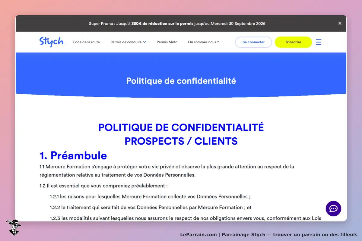 Stych : politique de confidentialité avec sections sur la protection des données personnelles