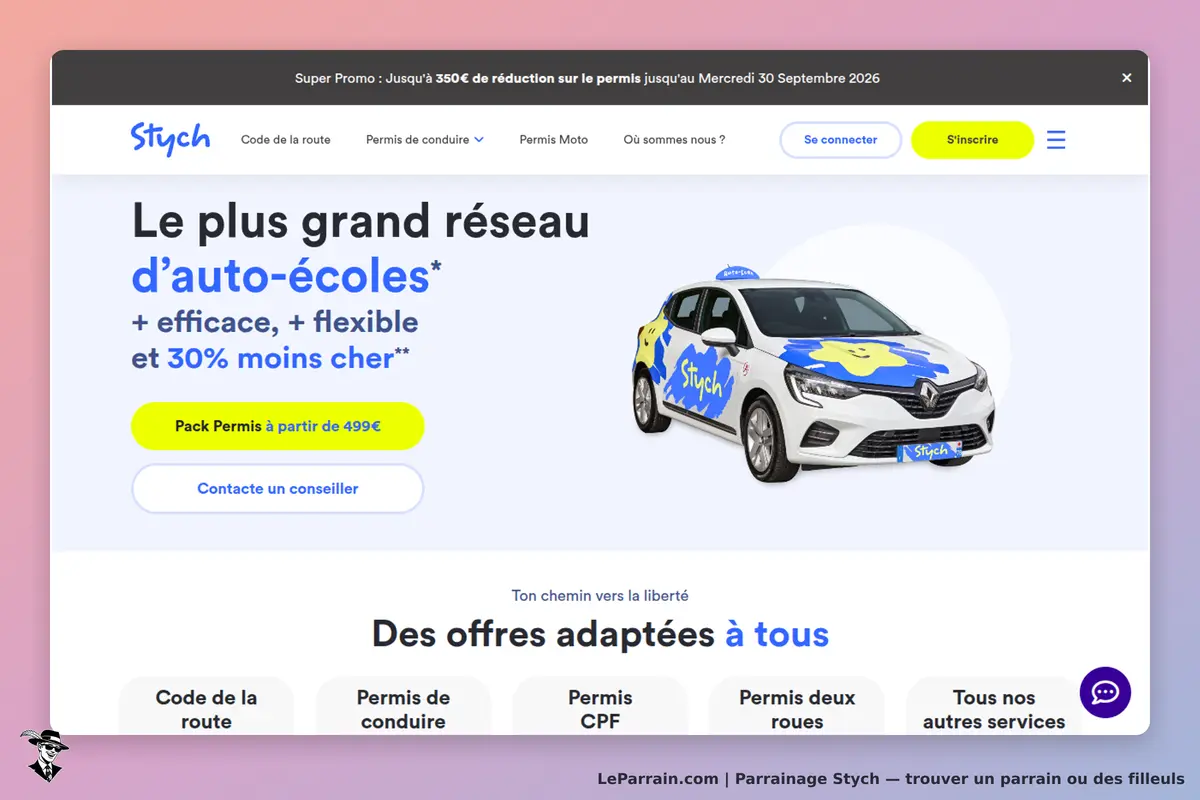 Stych : page d'accueil présentant un véhicule d'auto-école aux couleurs de la marque