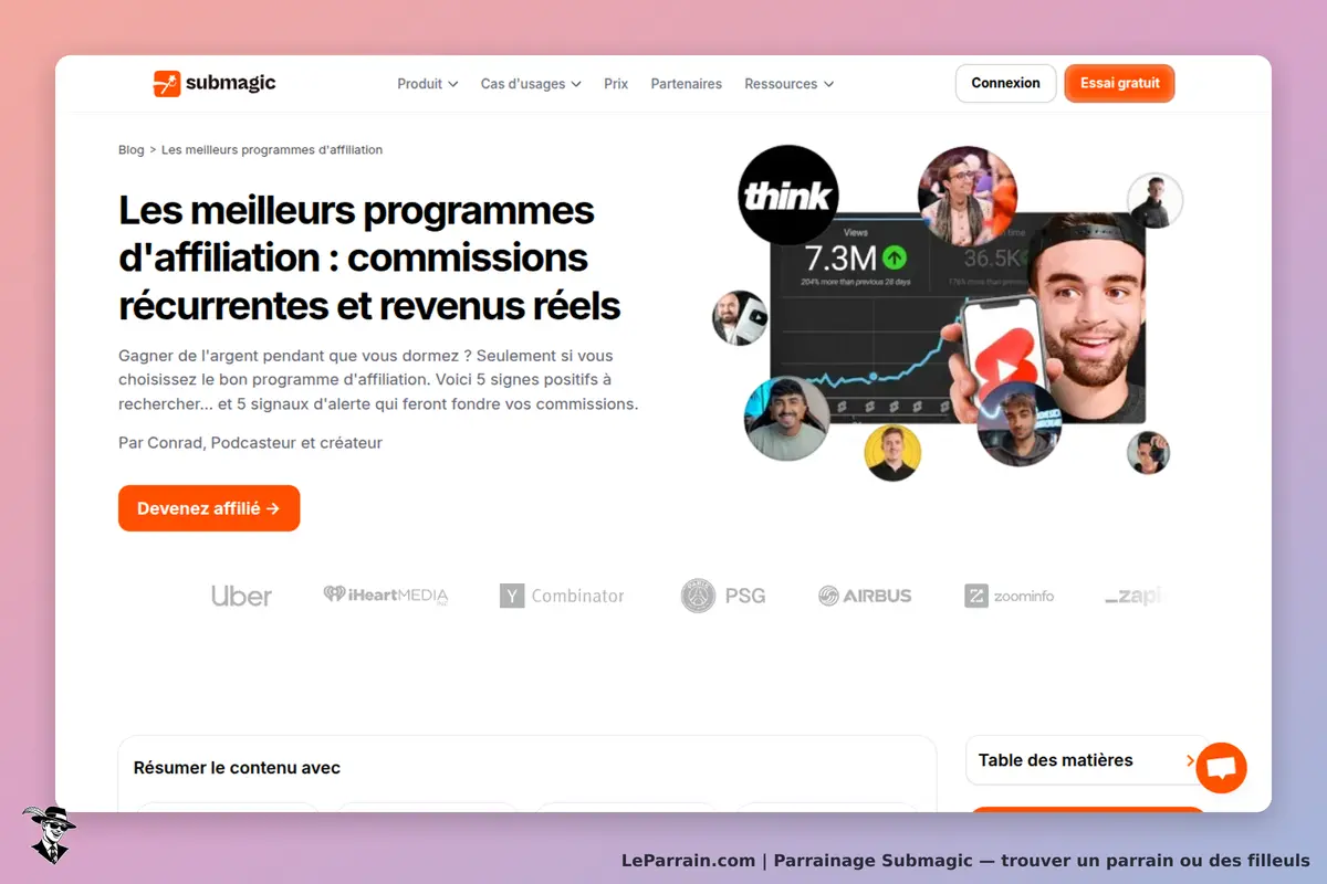 submagic : page d'accueil présentant des programmes d'affiliation et un graphique de vues