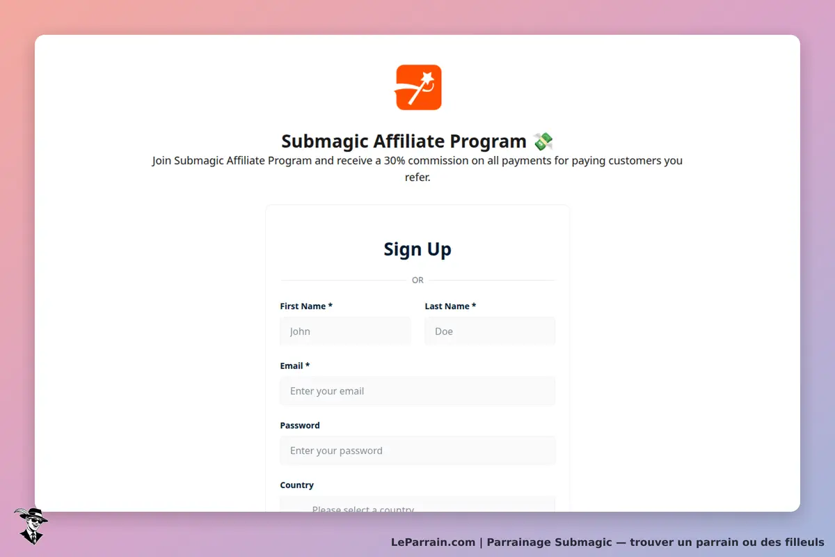 Submagic : formulaire d'inscription pour le programme d'affiliation avec champs à remplir