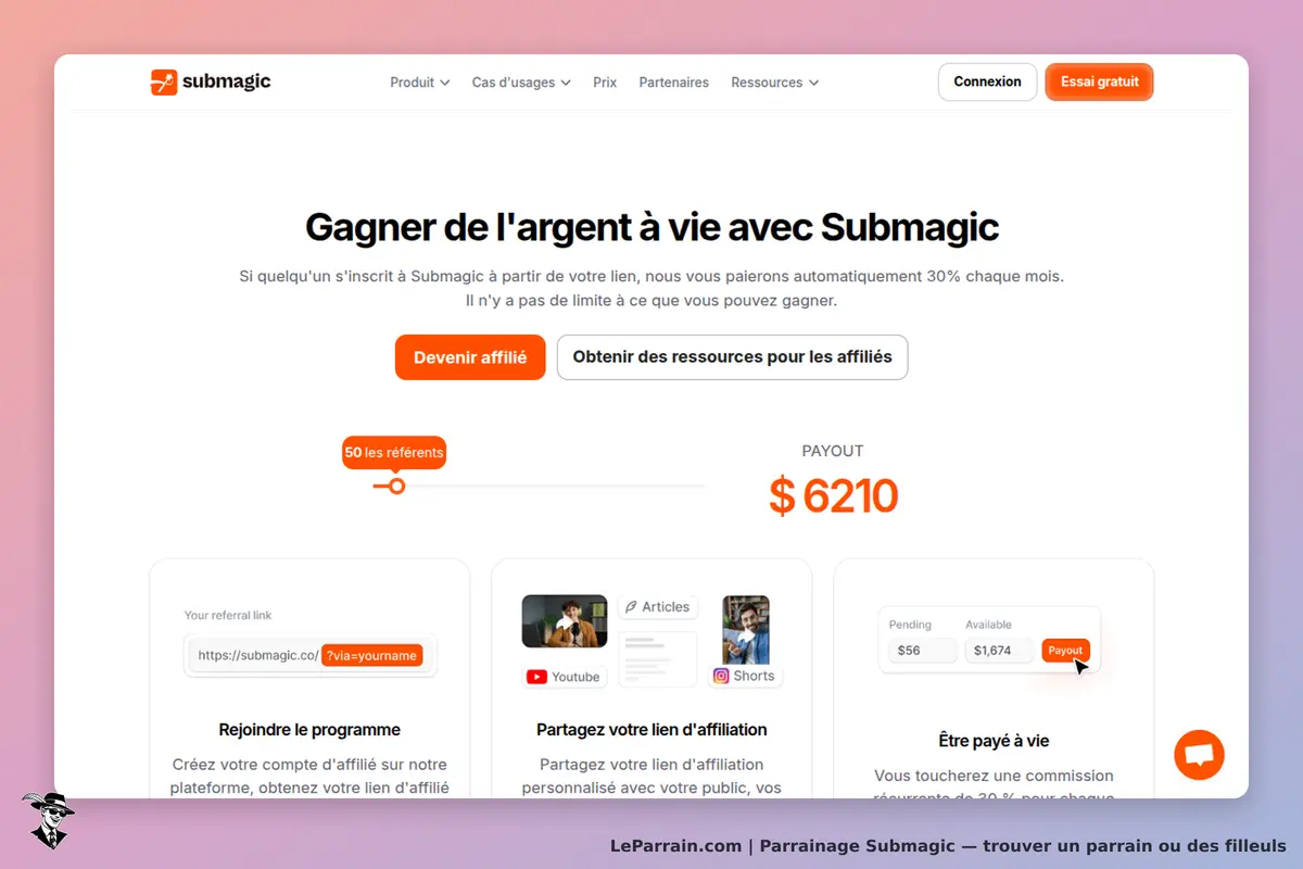 Submagic : page d'accueil présentant le programme d'affiliation et des informations de paiement