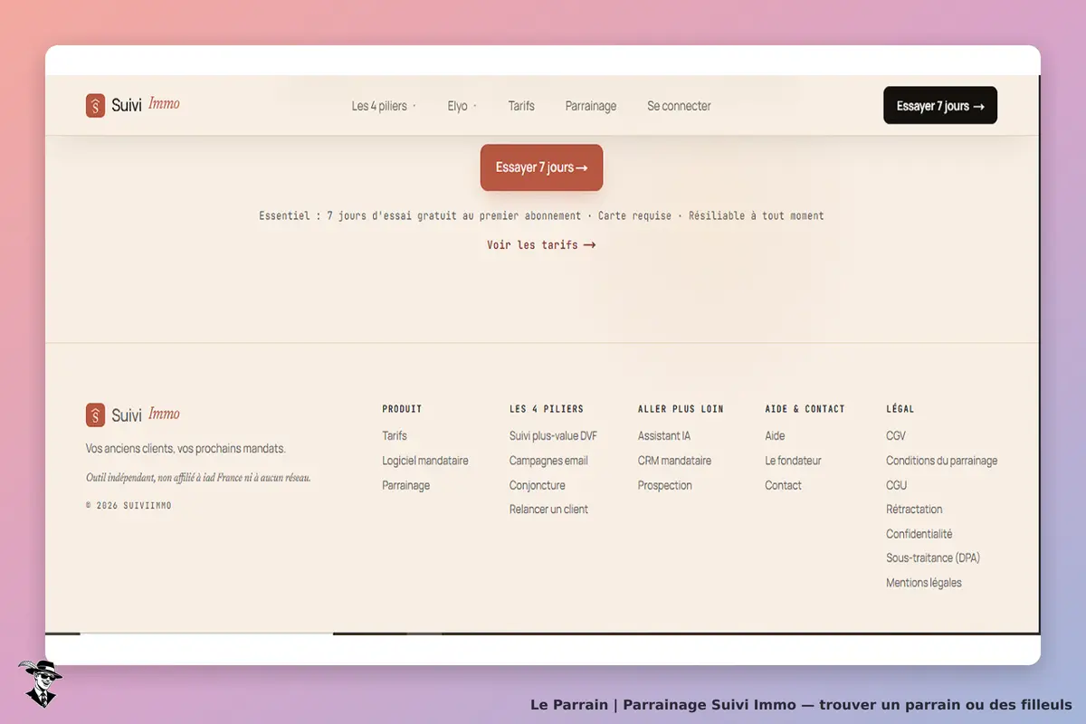 Suivi Immo : page d'accueil avec menu et options de services immobiliers affichés