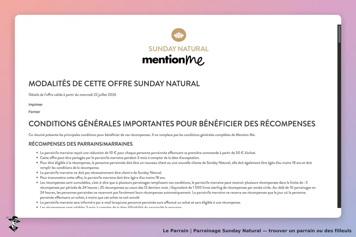 Sunday Natural France : conditions du parrainage, bons de 10 € dès 50 € de commande et durées de validité.