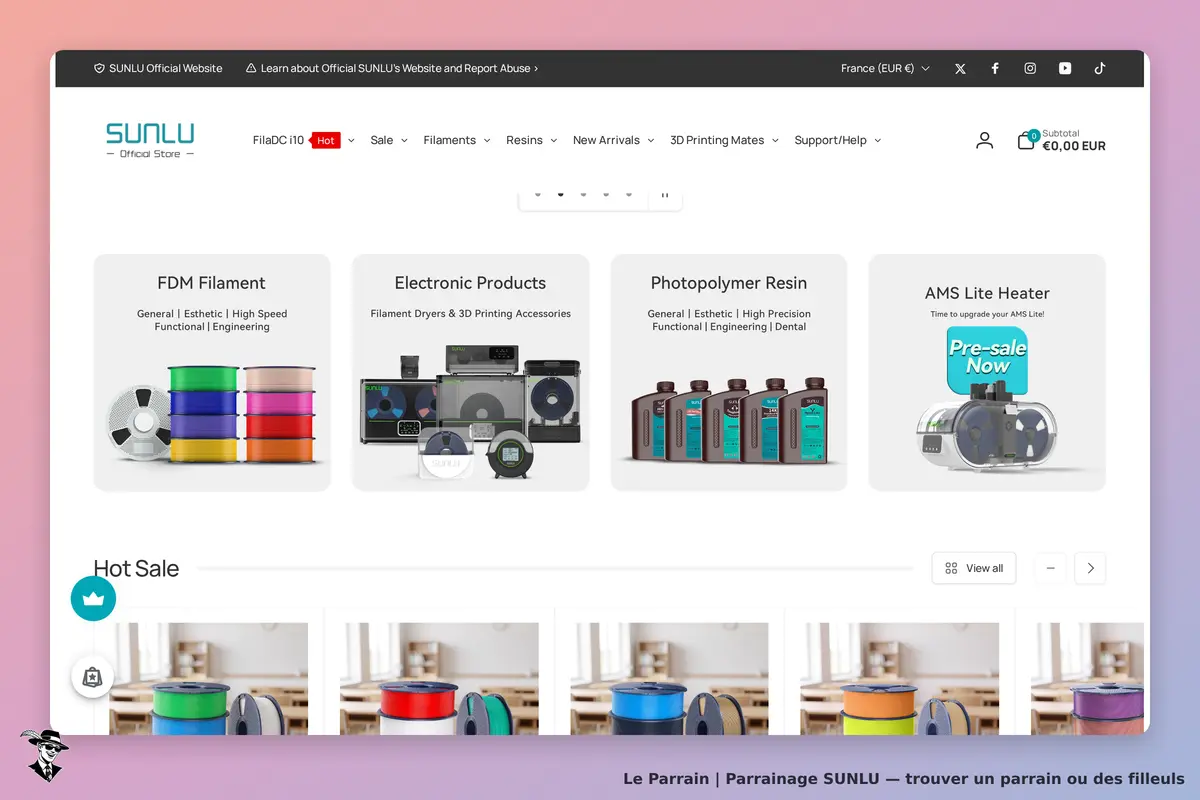 SUNLU : page d'accueil présentant des produits comme filaments et résines pour impression 3D