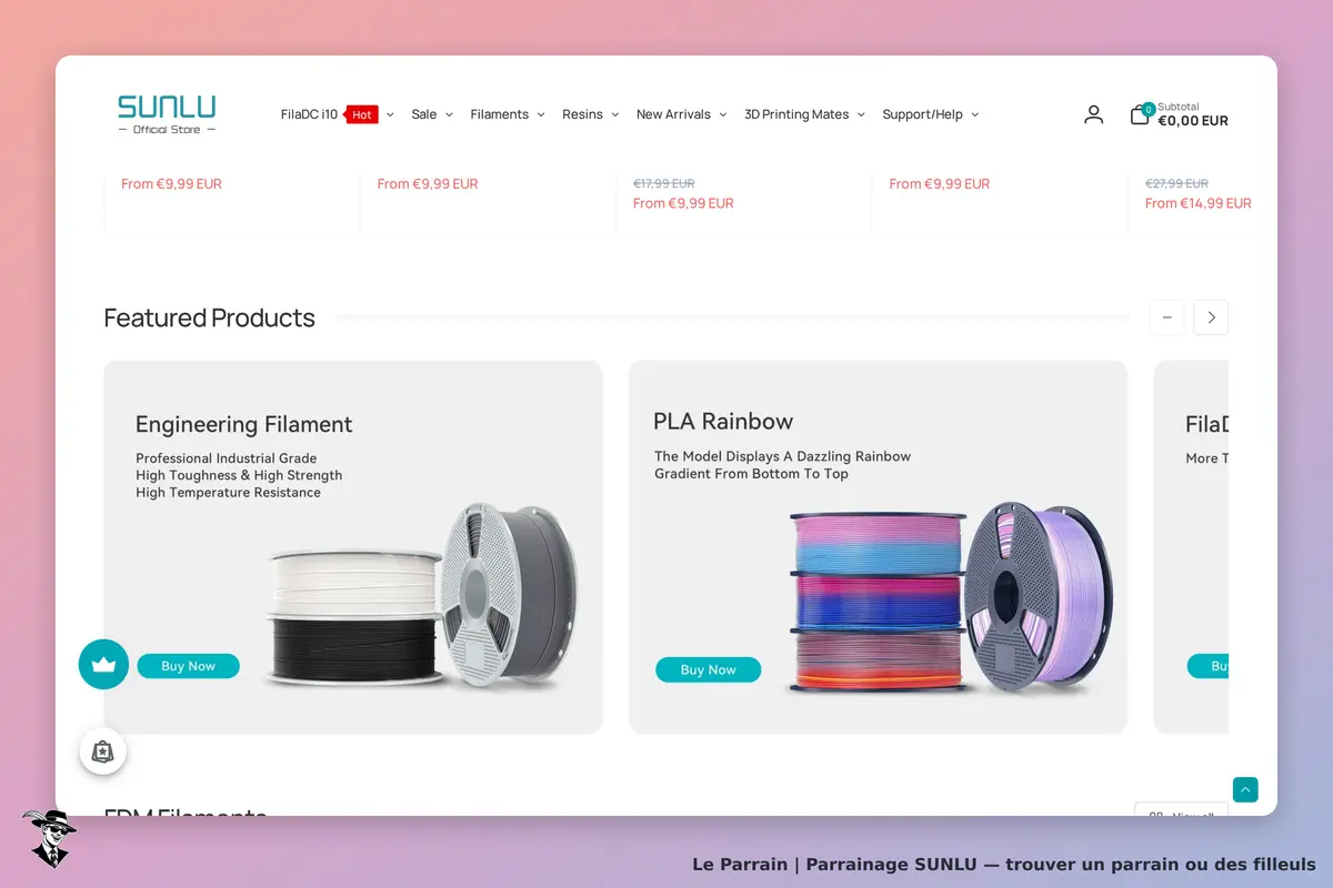 SUNLU : page d'accueil avec produits en vedette, filaments et options d'achat visibles