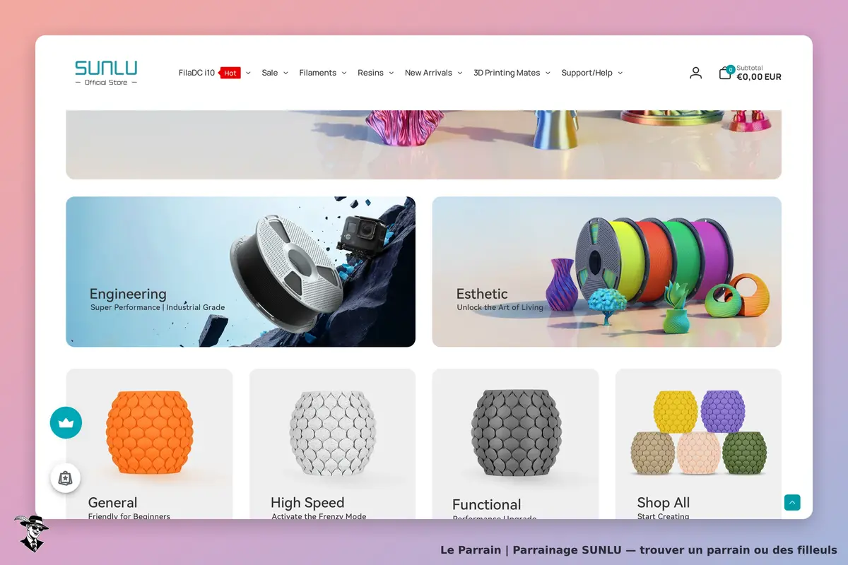 SUNLU : page d'accueil présentant des catégories de produits en impression 3D et visuels colorés
