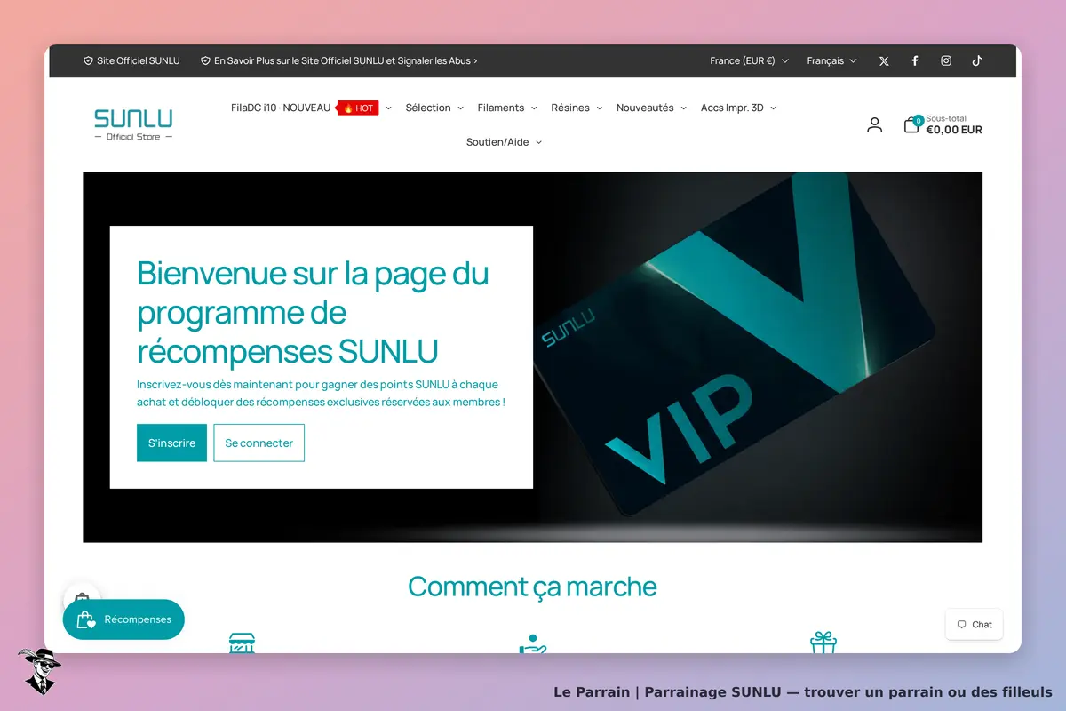 SUNLU : page d'accueil du programme de récompenses avec carte VIP et options d'inscription