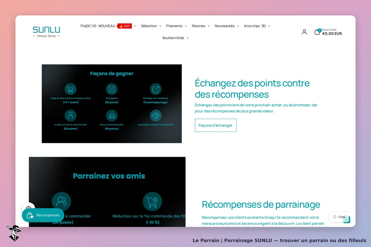 SUNLU : section sur les récompenses et le parrainage avec des points à gagner et échanger