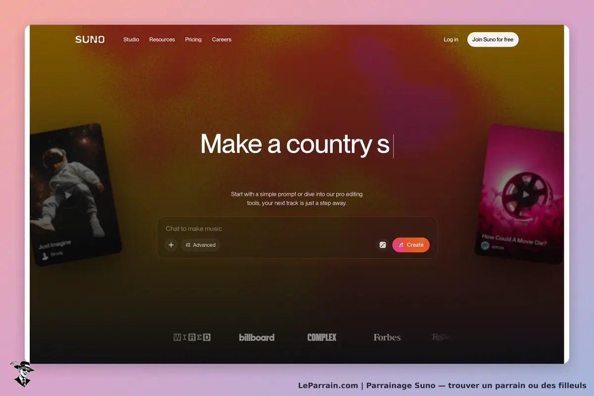 Suno : page d'accueil avec un formulaire pour créer de la musique et des cartes de produits