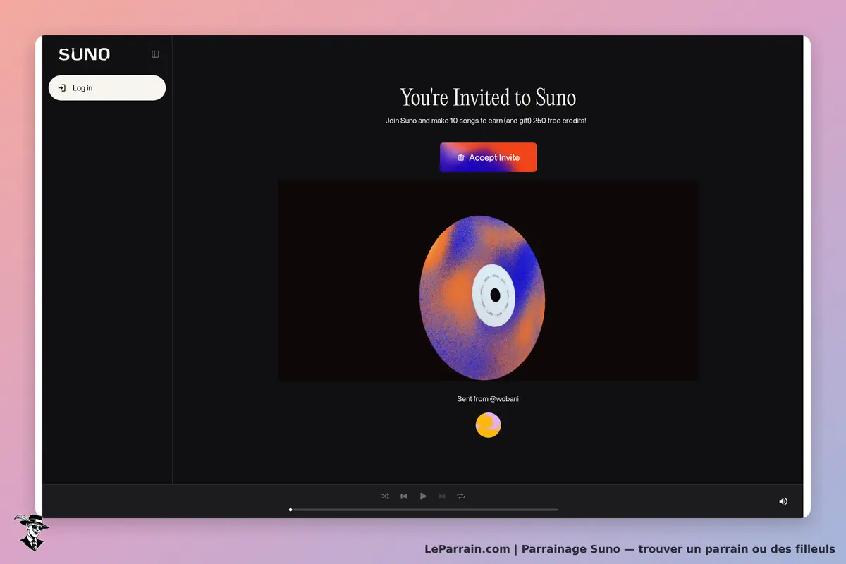 SUNO : écran d'invitation avec un vinyle coloré et un bouton pour accepter l'invitation