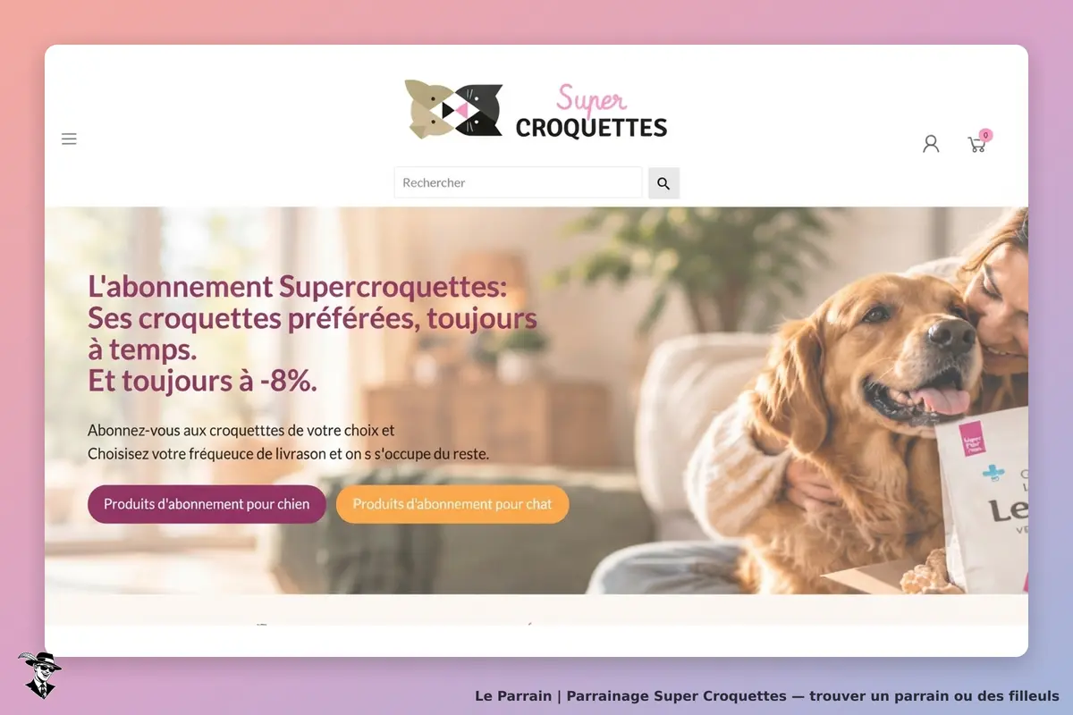 Super Croquettes : page d'accueil avec une femme et un chien, présentant des croquettes