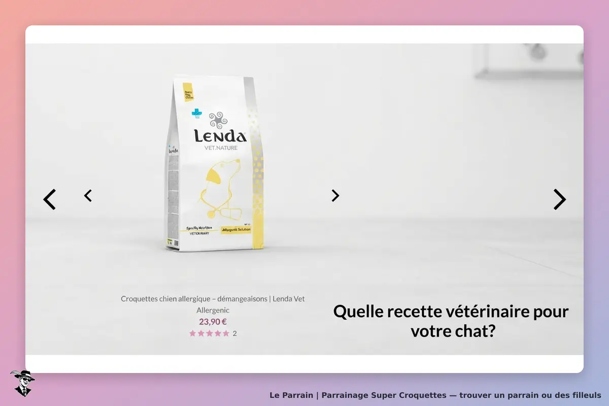 Super Croquettes : paquet de croquettes Lenda pour chien allergique sur fond clair, question en bas