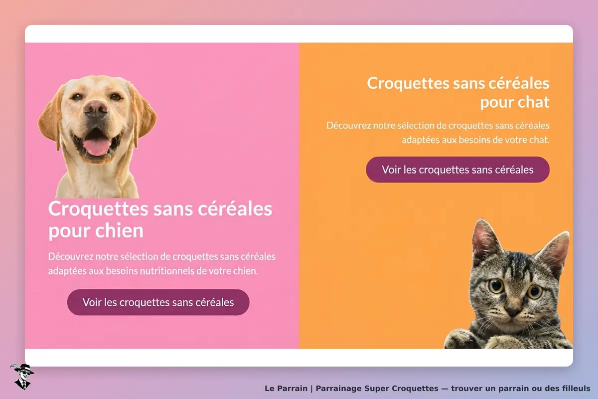 Super Croquettes : page d'accueil avec croquettes pour chien et chat, images de chien et chat