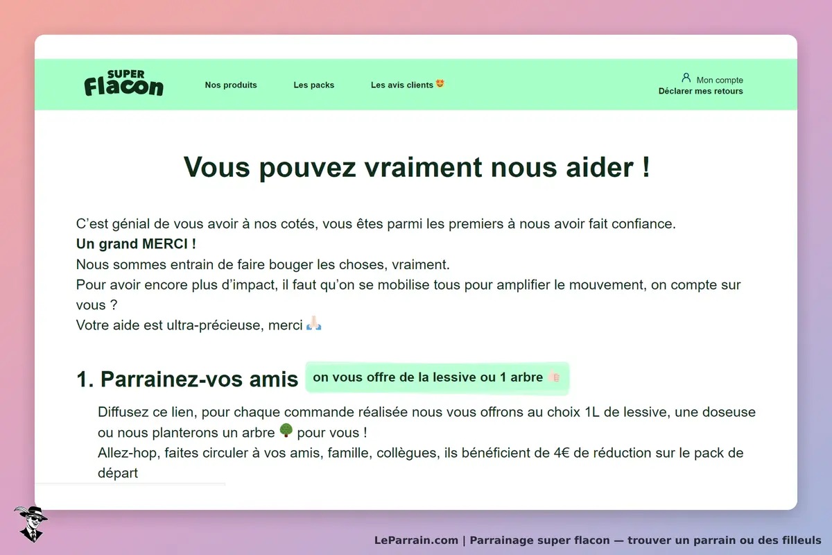 super flacon : page d'accueil avec message de remerciement et invitation au parrainage