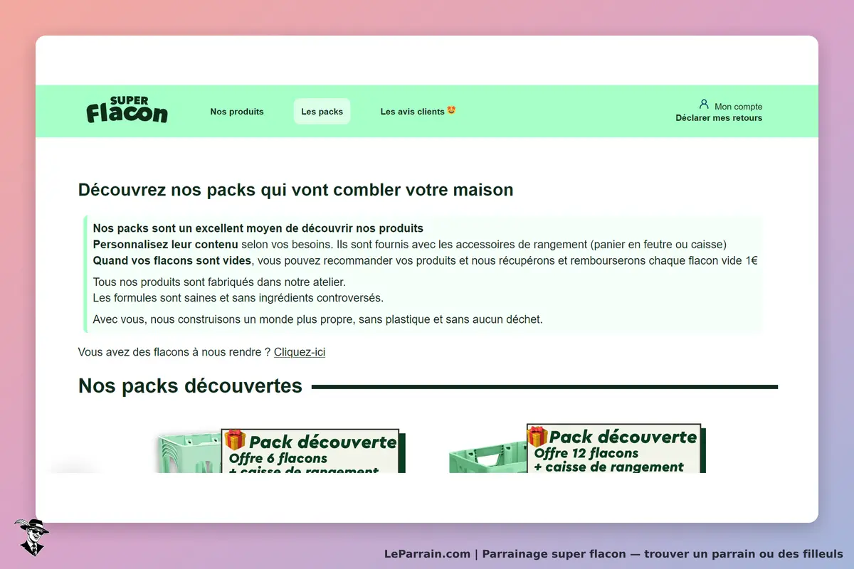 Super Flacon : page d'accueil présentant des packs et des informations sur les produits