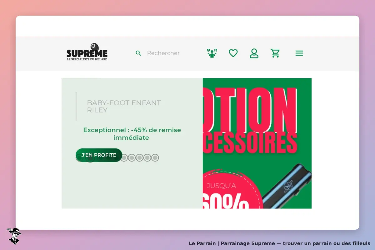 Supreme : page d'accueil avec un baby-foot enfant et une section promotion d'accessoires